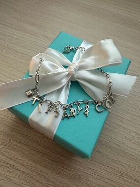 Tiffany & Co. Silver Letter Notes Charm Bracelet Size M 7.5” Mother’s Day gift